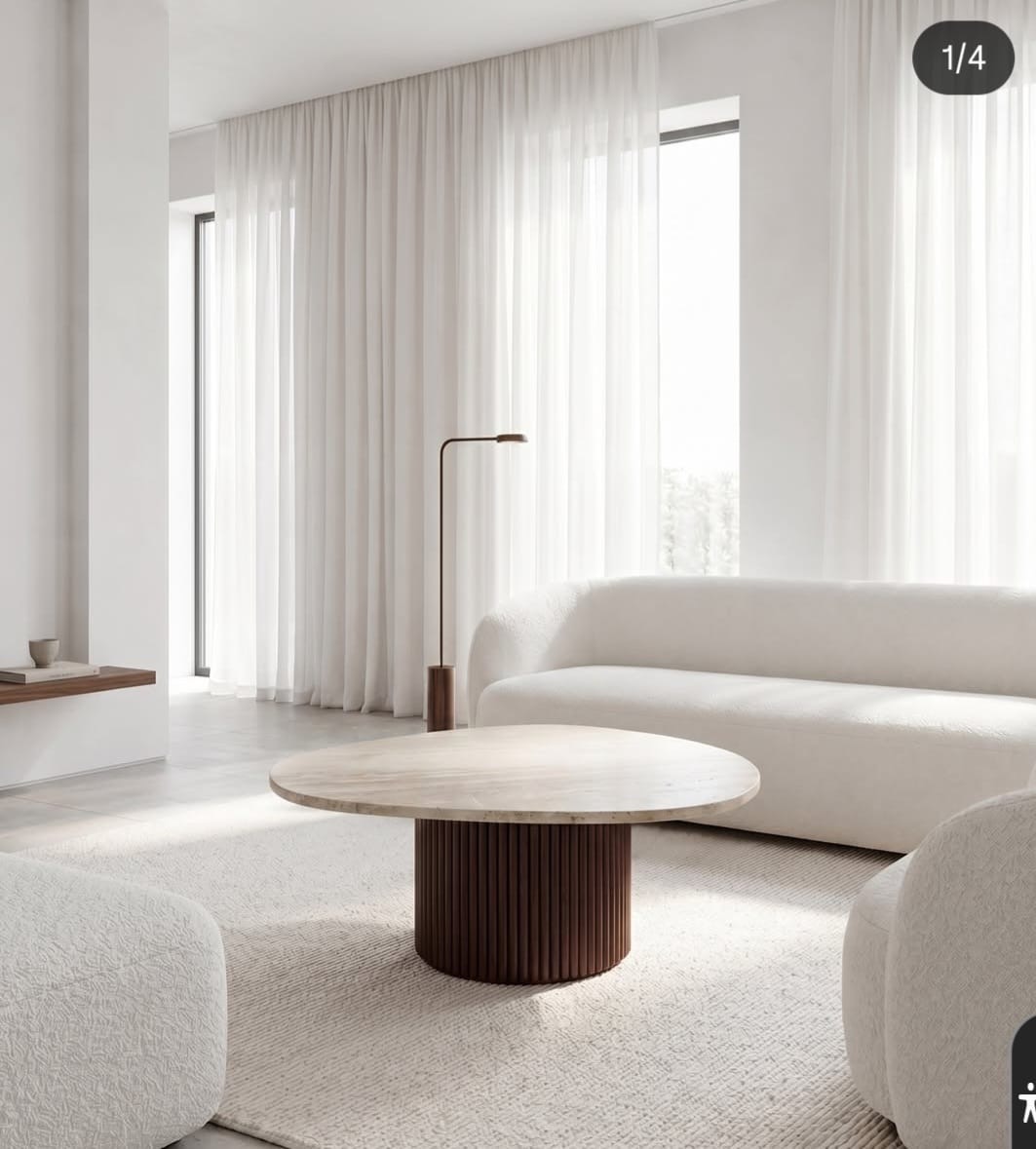 Luna Round Coffee Table in Travertine and walnut