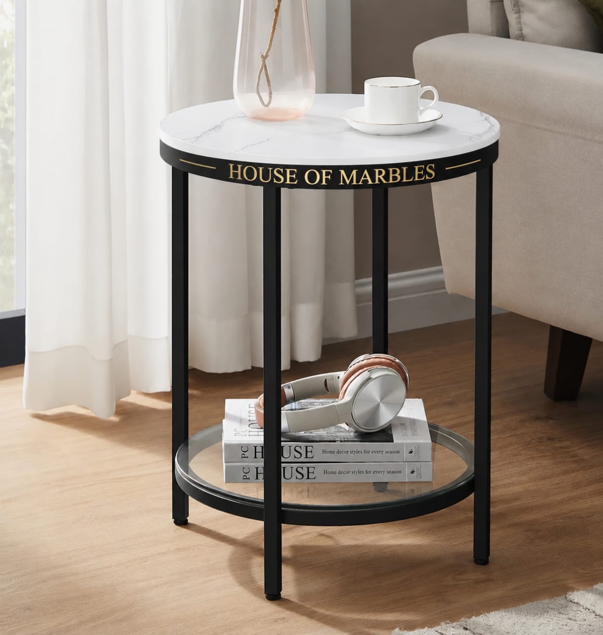 Bianco Side Table — White marble and black metal