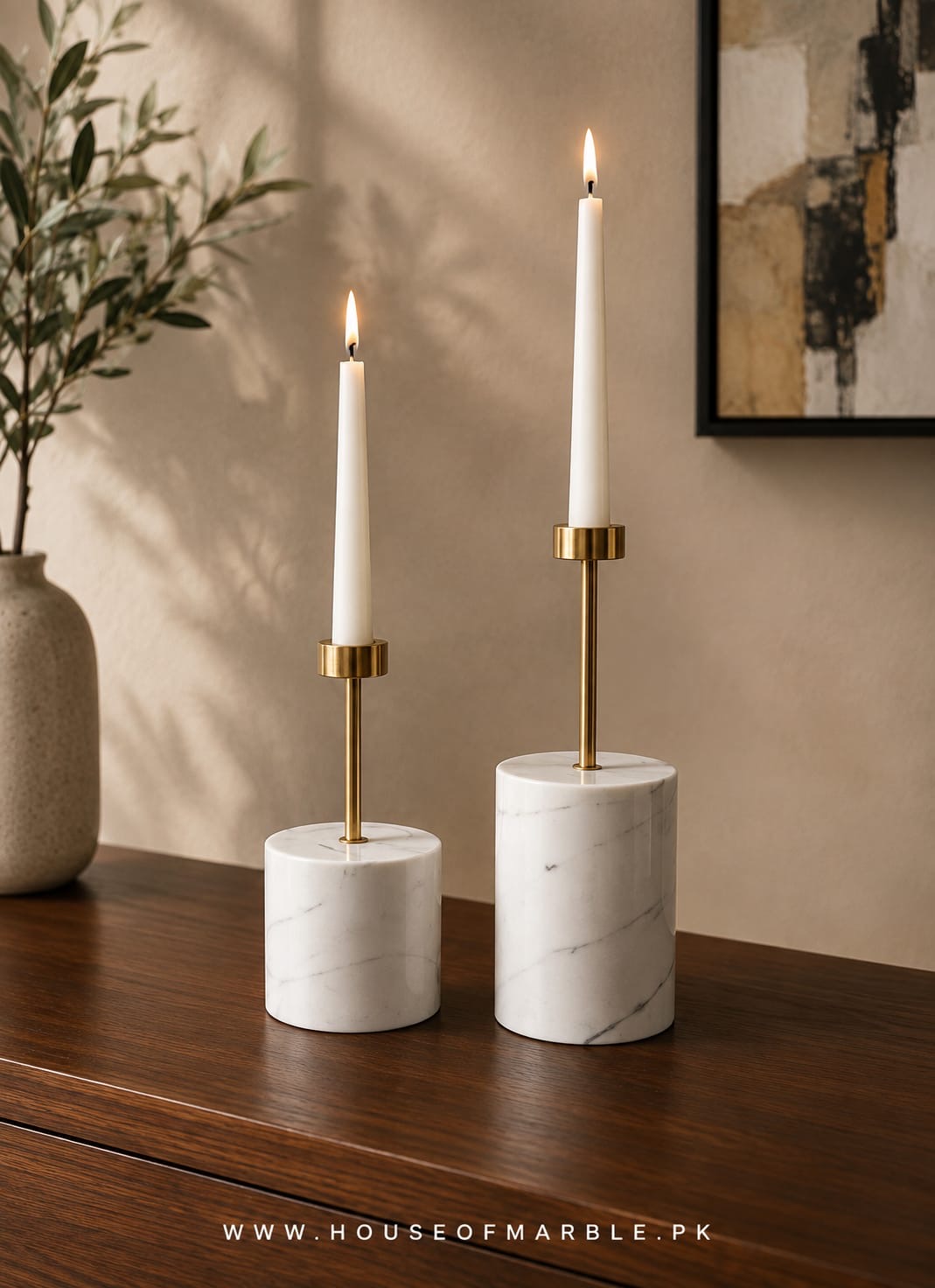 Bianco Candle Holders — White marble with brass