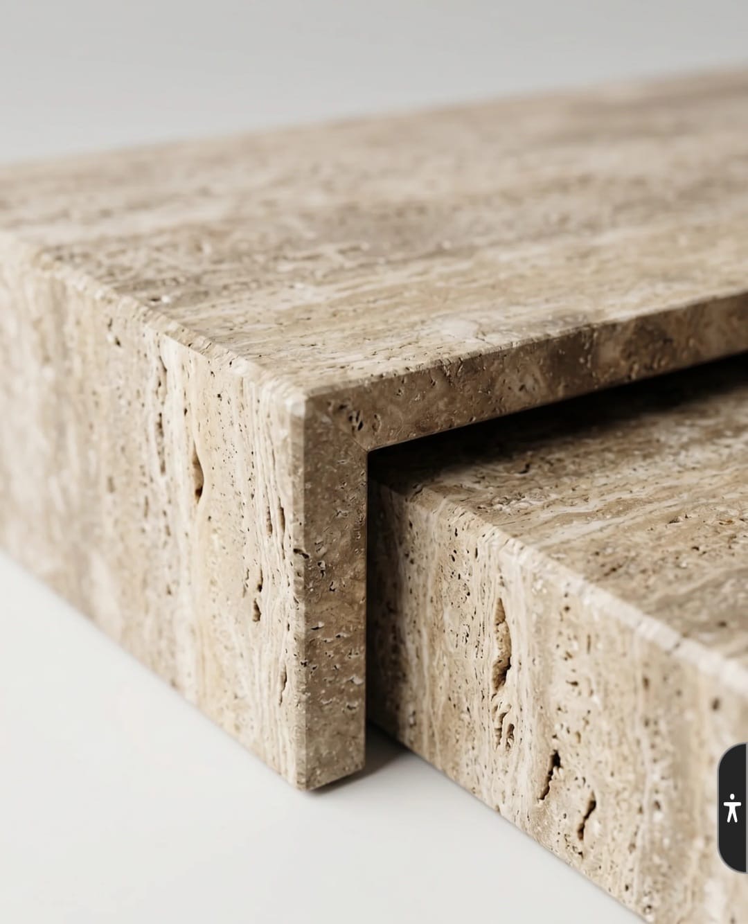Close-up of a travertine table edge