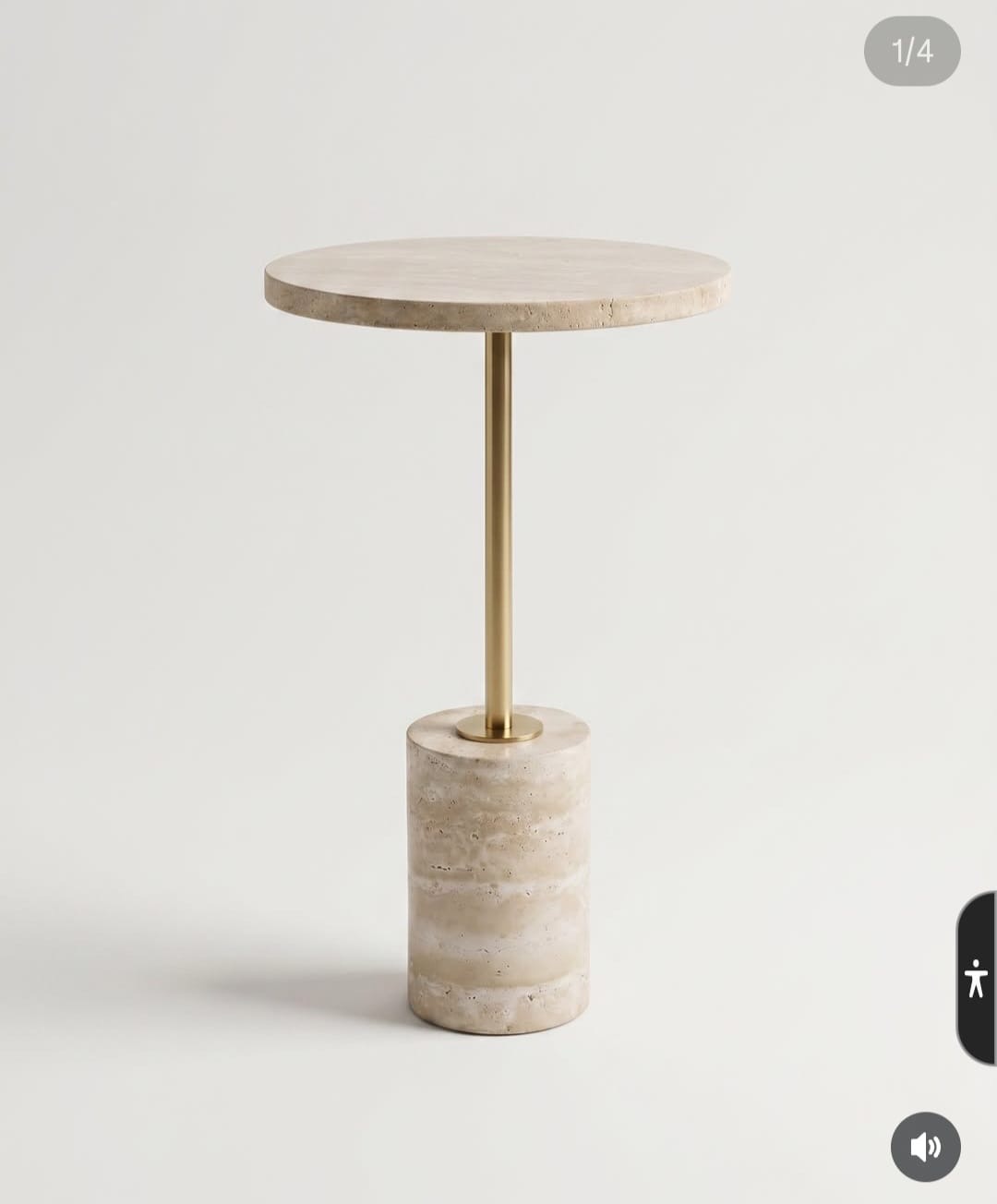 Travertine Pedestal Side Table — Natural travertine with brass stem