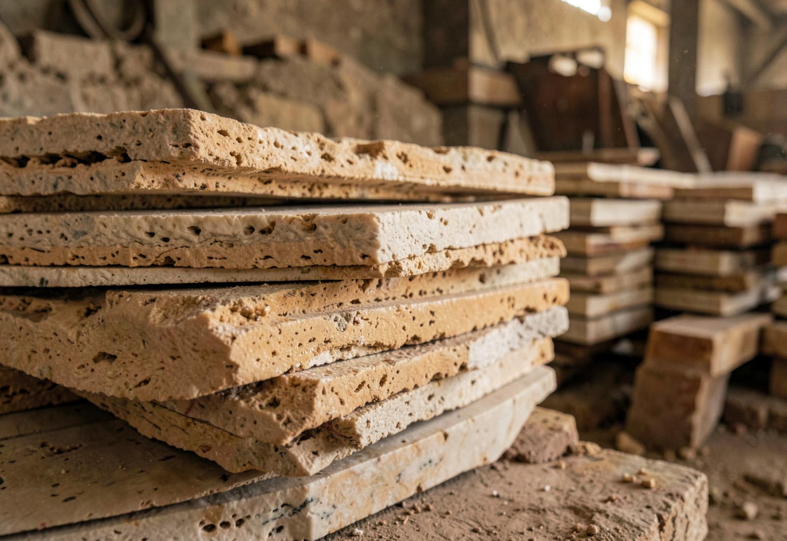 Stacked travertine and marble slabs in a stone workshop